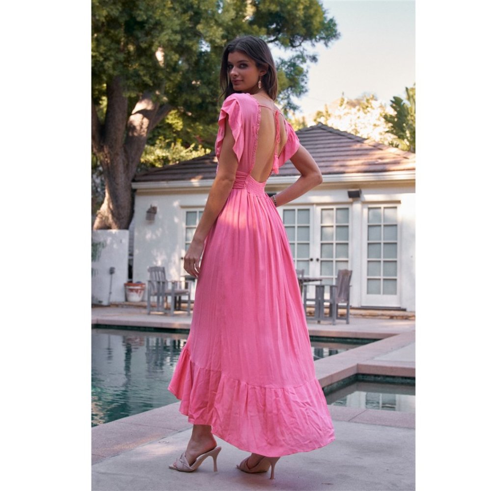 🥳HPCoral V-Neck Crochet Trim Gathered Waist Maxi - Picture 2 of 3